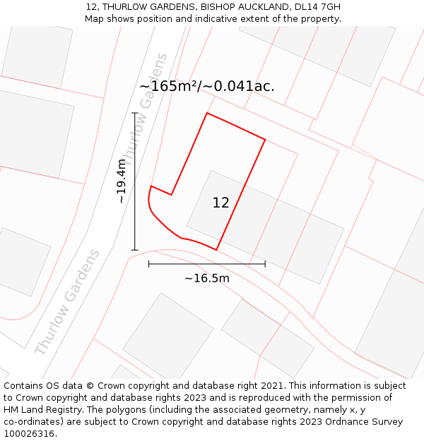 12, THURLOW GARDENS, BISHOP AUCKLAND, DL14 7GH: Plot and title map