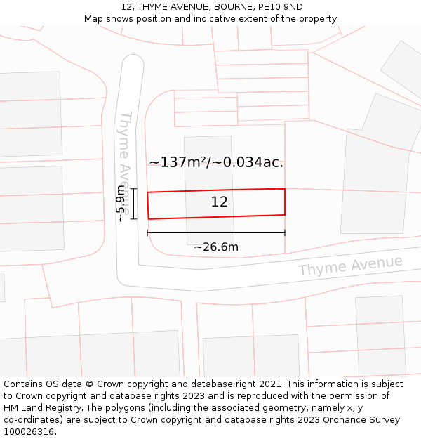12, THYME AVENUE, BOURNE, PE10 9ND: Plot and title map