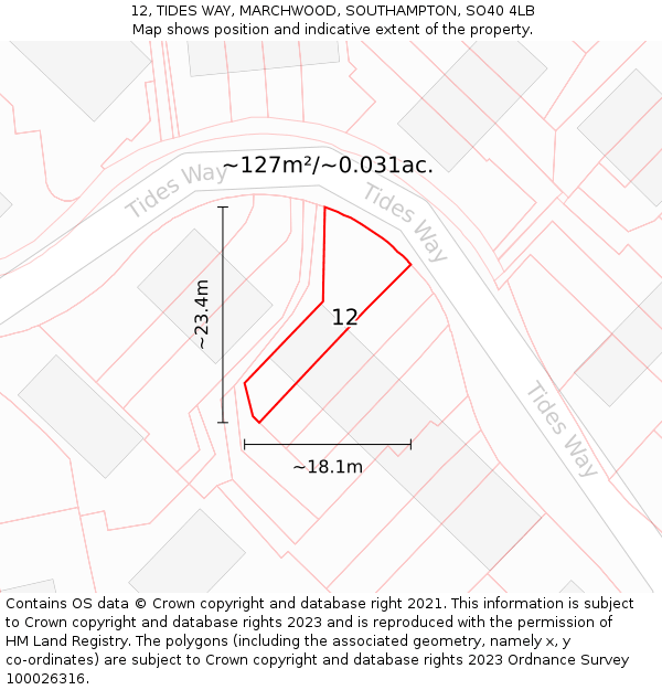12, TIDES WAY, MARCHWOOD, SOUTHAMPTON, SO40 4LB: Plot and title map