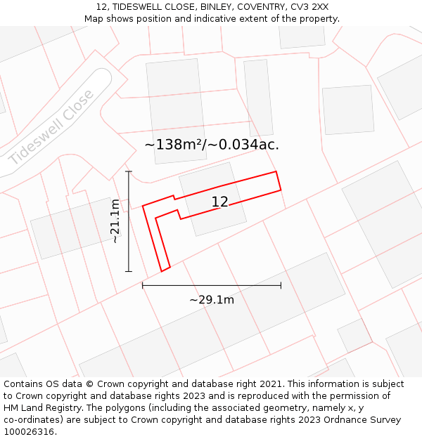12, TIDESWELL CLOSE, BINLEY, COVENTRY, CV3 2XX: Plot and title map