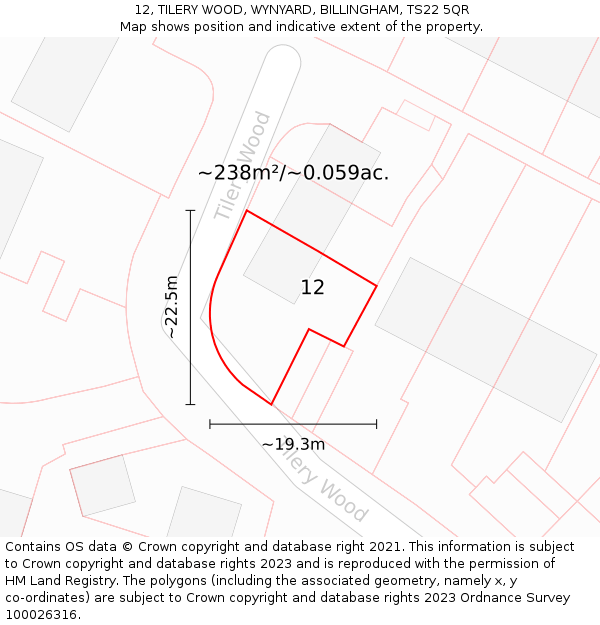 12, TILERY WOOD, WYNYARD, BILLINGHAM, TS22 5QR: Plot and title map