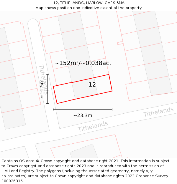 12, TITHELANDS, HARLOW, CM19 5NA: Plot and title map