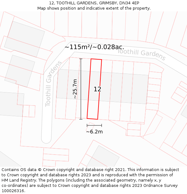 12, TOOTHILL GARDENS, GRIMSBY, DN34 4EP: Plot and title map