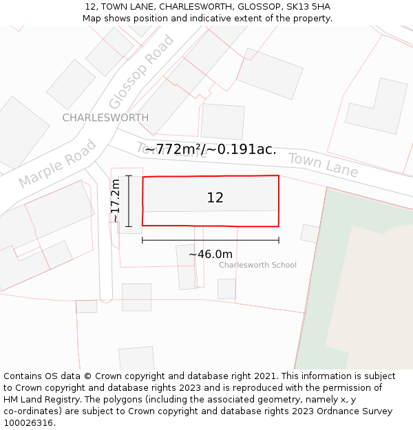12, TOWN LANE, CHARLESWORTH, GLOSSOP, SK13 5HA: Plot and title map
