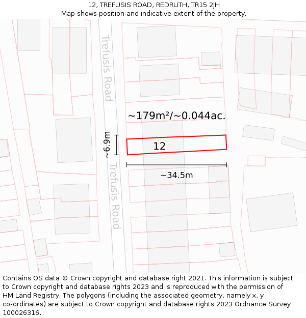 12, TREFUSIS ROAD, REDRUTH, TR15 2JH: Plot and title map