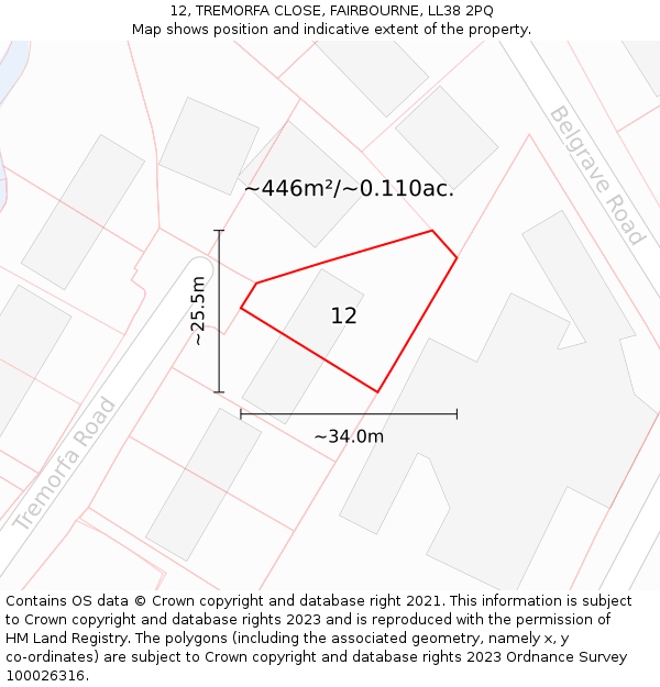 12, TREMORFA CLOSE, FAIRBOURNE, LL38 2PQ: Plot and title map