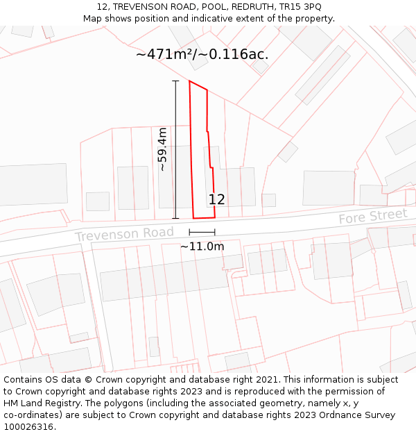 12, TREVENSON ROAD, POOL, REDRUTH, TR15 3PQ: Plot and title map