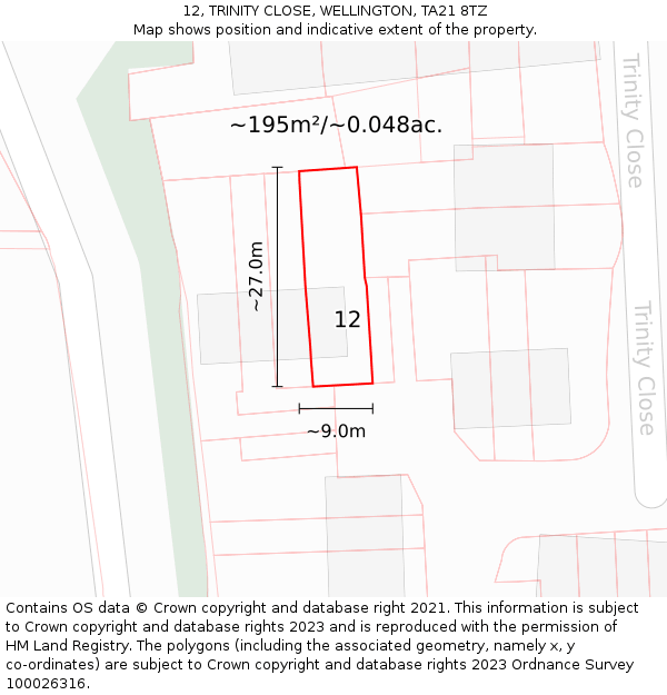 12, TRINITY CLOSE, WELLINGTON, TA21 8TZ: Plot and title map