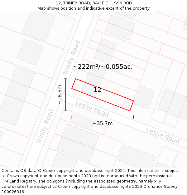 12, TRINITY ROAD, RAYLEIGH, SS6 8QD: Plot and title map