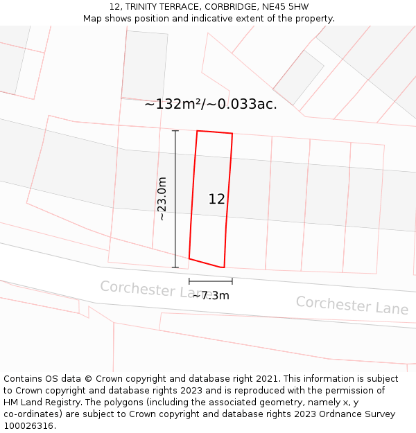 12, TRINITY TERRACE, CORBRIDGE, NE45 5HW: Plot and title map
