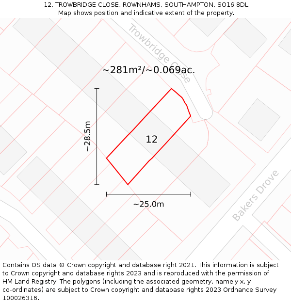 12, TROWBRIDGE CLOSE, ROWNHAMS, SOUTHAMPTON, SO16 8DL: Plot and title map