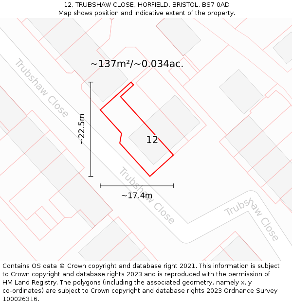 12, TRUBSHAW CLOSE, HORFIELD, BRISTOL, BS7 0AD: Plot and title map