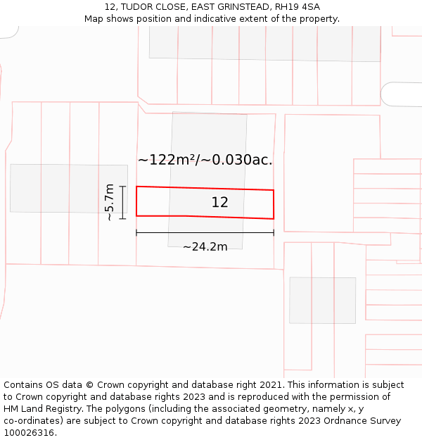 12, TUDOR CLOSE, EAST GRINSTEAD, RH19 4SA: Plot and title map