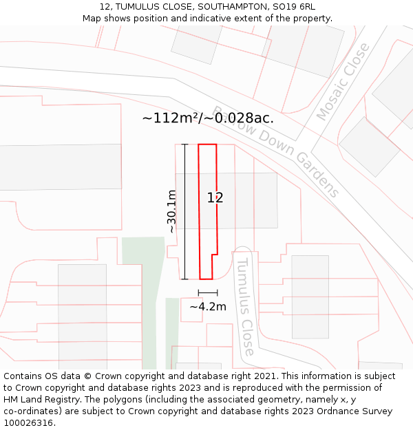 12, TUMULUS CLOSE, SOUTHAMPTON, SO19 6RL: Plot and title map
