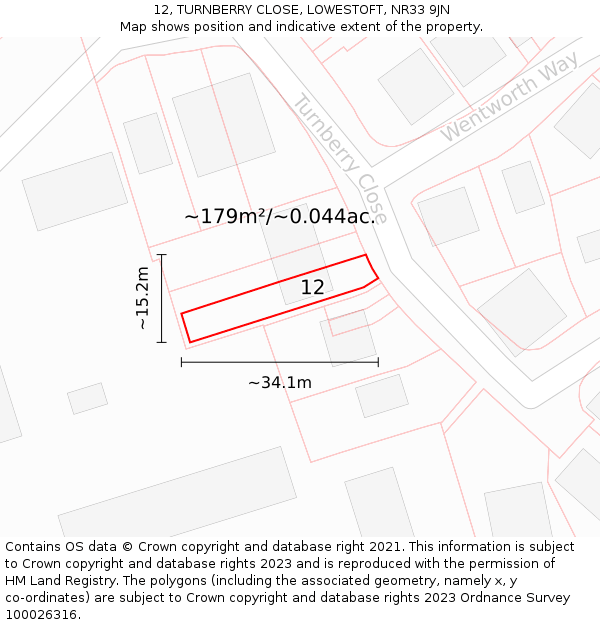 12, TURNBERRY CLOSE, LOWESTOFT, NR33 9JN: Plot and title map