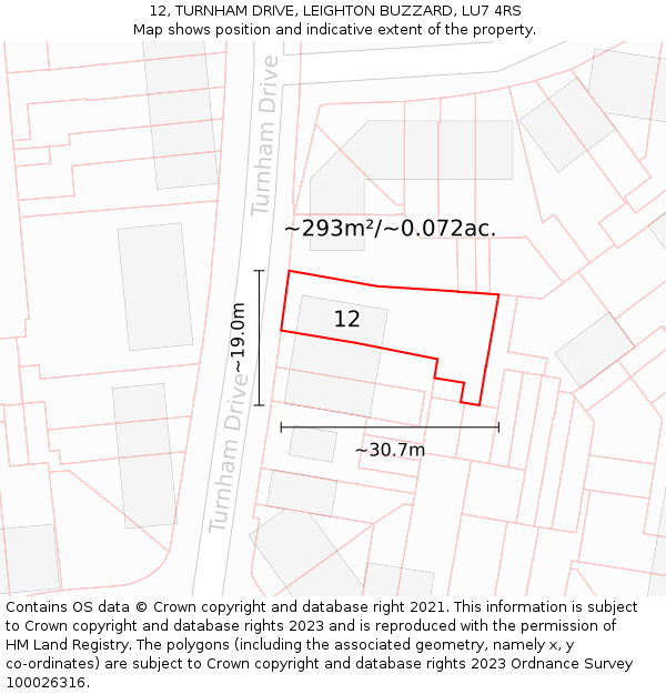 12, TURNHAM DRIVE, LEIGHTON BUZZARD, LU7 4RS: Plot and title map