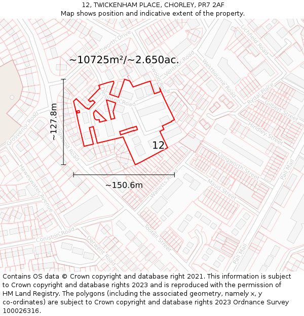 12, TWICKENHAM PLACE, CHORLEY, PR7 2AF: Plot and title map