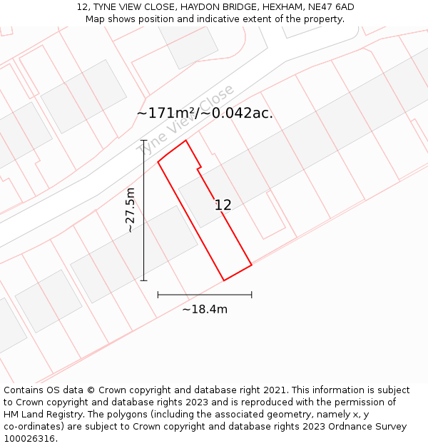 12, TYNE VIEW CLOSE, HAYDON BRIDGE, HEXHAM, NE47 6AD: Plot and title map