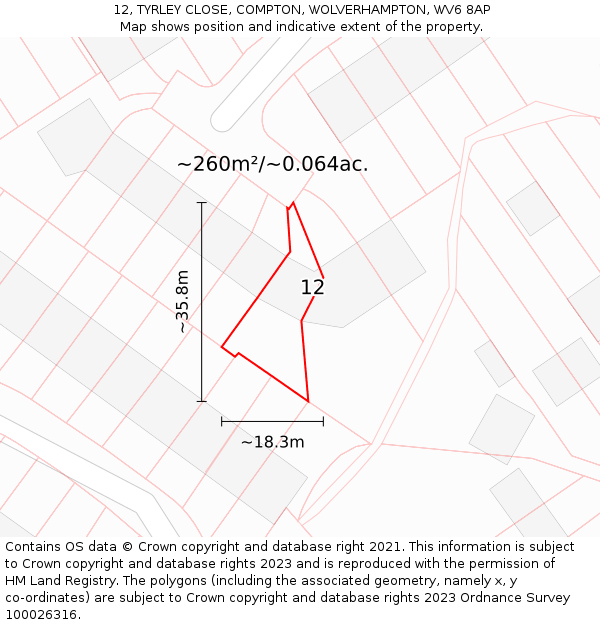 12, TYRLEY CLOSE, COMPTON, WOLVERHAMPTON, WV6 8AP: Plot and title map