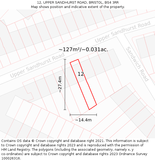 12, UPPER SANDHURST ROAD, BRISTOL, BS4 3RR: Plot and title map