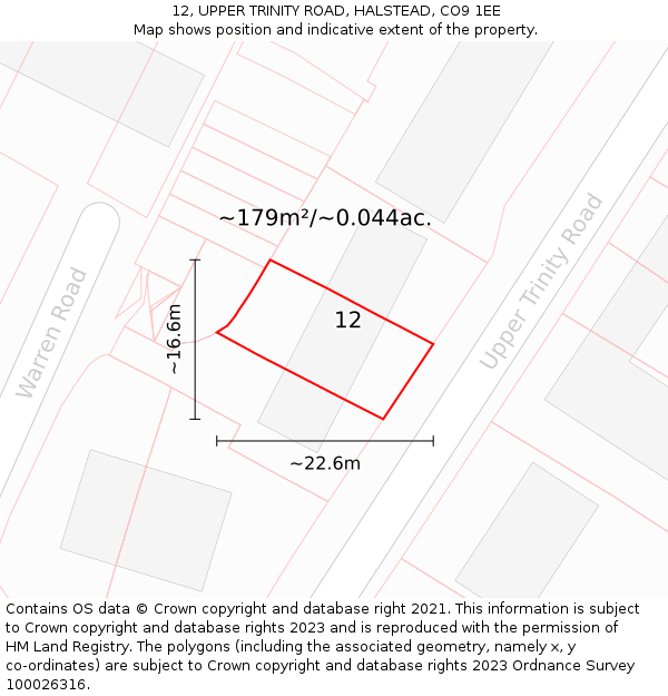12, UPPER TRINITY ROAD, HALSTEAD, CO9 1EE: Plot and title map