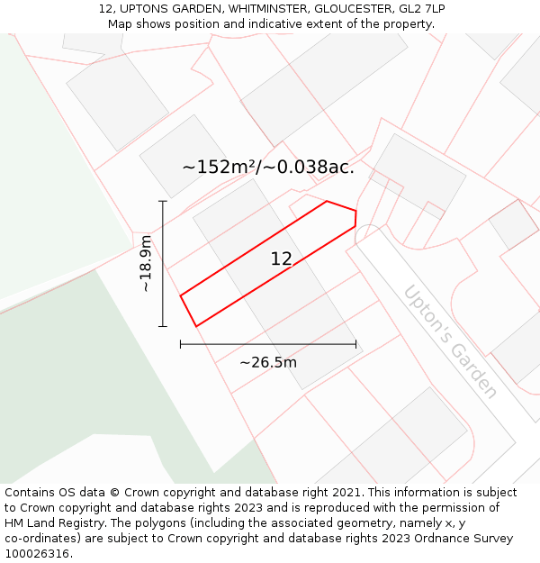 12, UPTONS GARDEN, WHITMINSTER, GLOUCESTER, GL2 7LP: Plot and title map