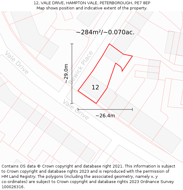 12, VALE DRIVE, HAMPTON VALE, PETERBOROUGH, PE7 8EP: Plot and title map