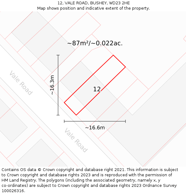 12, VALE ROAD, BUSHEY, WD23 2HE: Plot and title map