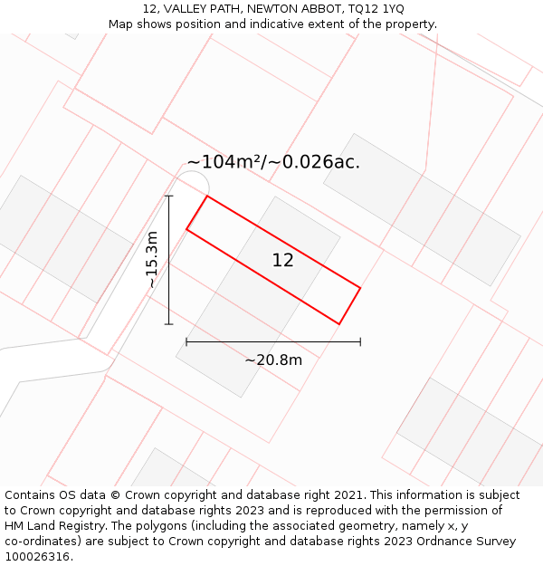 12, VALLEY PATH, NEWTON ABBOT, TQ12 1YQ: Plot and title map
