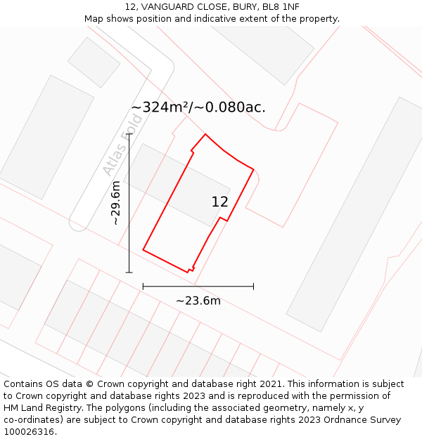 12, VANGUARD CLOSE, BURY, BL8 1NF: Plot and title map