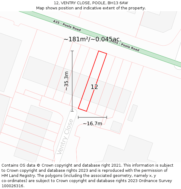 12, VENTRY CLOSE, POOLE, BH13 6AW: Plot and title map