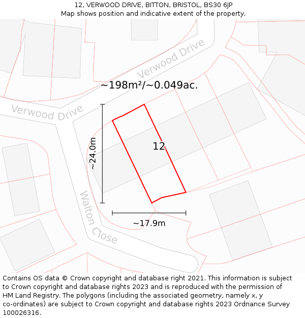 12, VERWOOD DRIVE, BITTON, BRISTOL, BS30 6JP: Plot and title map