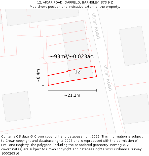 12, VICAR ROAD, DARFIELD, BARNSLEY, S73 9JZ: Plot and title map