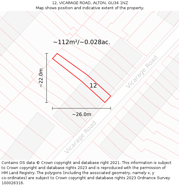 12, VICARAGE ROAD, ALTON, GU34 1NZ: Plot and title map