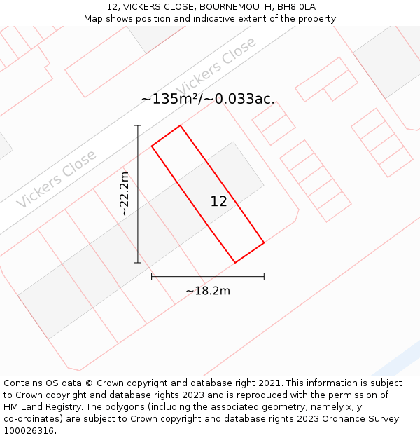 12, VICKERS CLOSE, BOURNEMOUTH, BH8 0LA: Plot and title map