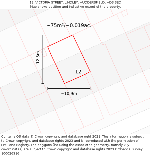 12, VICTORIA STREET, LINDLEY, HUDDERSFIELD, HD3 3ED: Plot and title map