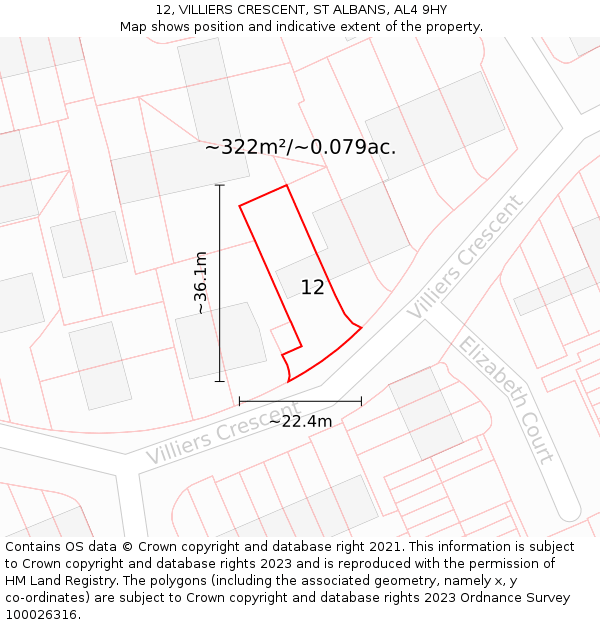 12, VILLIERS CRESCENT, ST ALBANS, AL4 9HY: Plot and title map