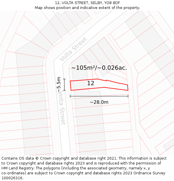 12, VOLTA STREET, SELBY, YO8 8DF: Plot and title map