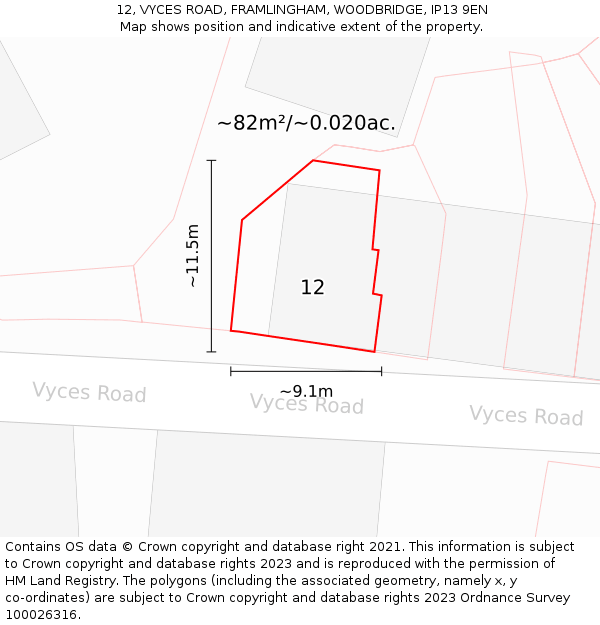 12, VYCES ROAD, FRAMLINGHAM, WOODBRIDGE, IP13 9EN: Plot and title map
