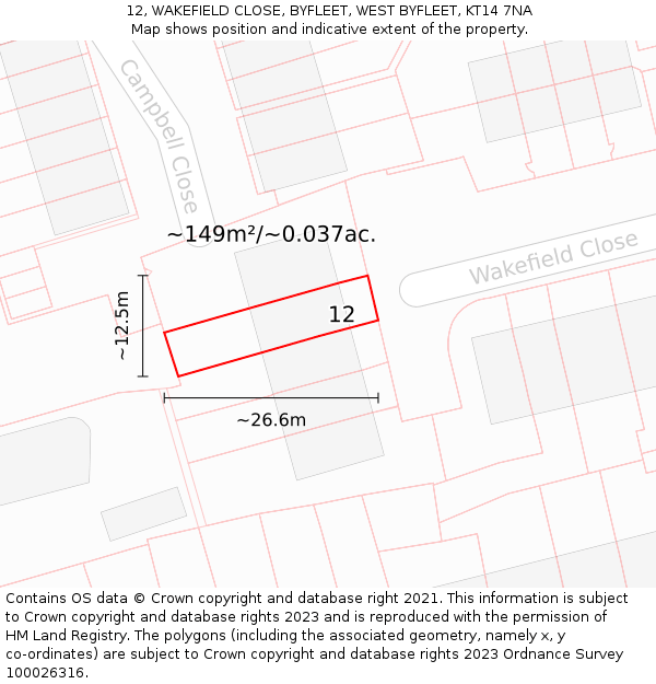 12, WAKEFIELD CLOSE, BYFLEET, WEST BYFLEET, KT14 7NA: Plot and title map
