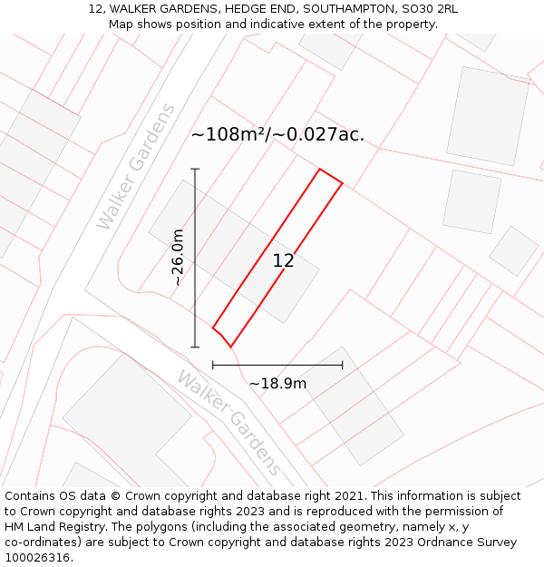 12, WALKER GARDENS, HEDGE END, SOUTHAMPTON, SO30 2RL: Plot and title map