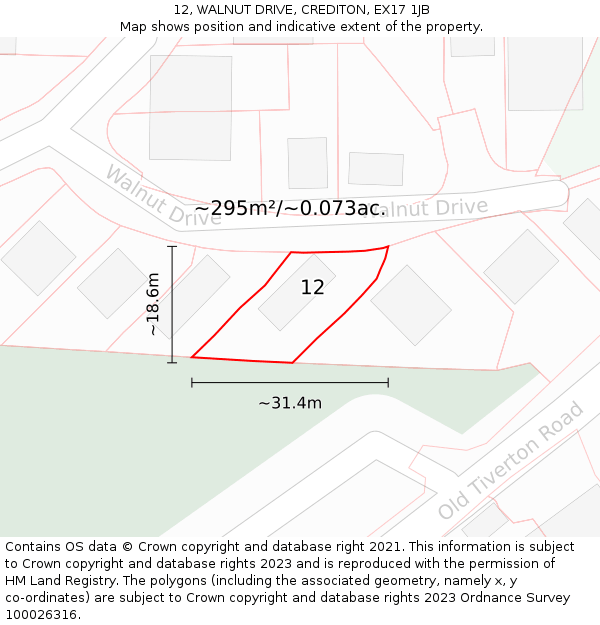12, WALNUT DRIVE, CREDITON, EX17 1JB: Plot and title map