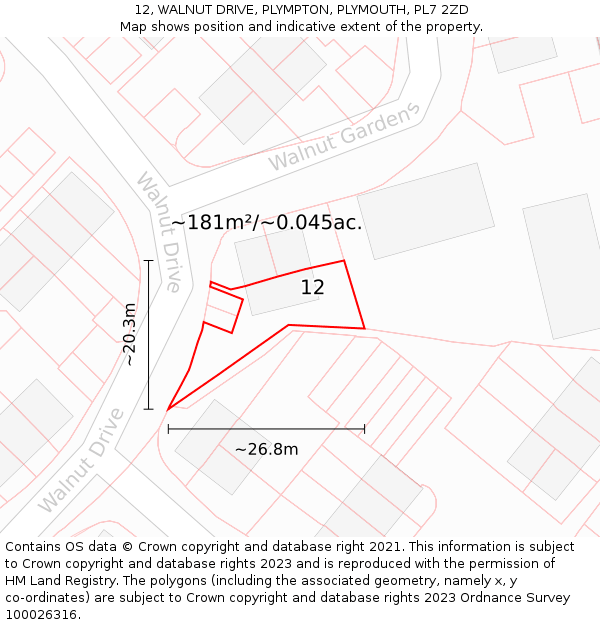 12, WALNUT DRIVE, PLYMPTON, PLYMOUTH, PL7 2ZD: Plot and title map