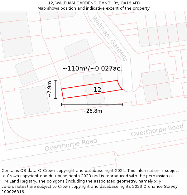 12, WALTHAM GARDENS, BANBURY, OX16 4FD: Plot and title map