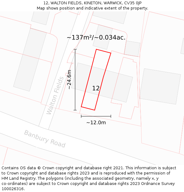 12, WALTON FIELDS, KINETON, WARWICK, CV35 0JP: Plot and title map