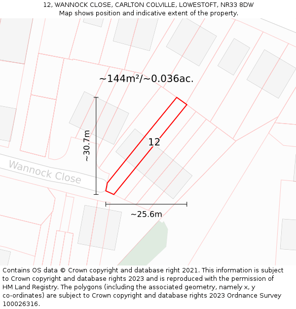 12, WANNOCK CLOSE, CARLTON COLVILLE, LOWESTOFT, NR33 8DW: Plot and title map