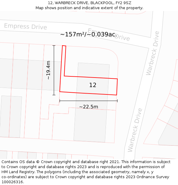 12, WARBRECK DRIVE, BLACKPOOL, FY2 9SZ: Plot and title map