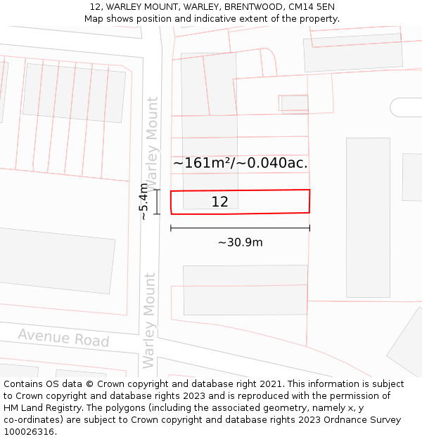 12, WARLEY MOUNT, WARLEY, BRENTWOOD, CM14 5EN: Plot and title map