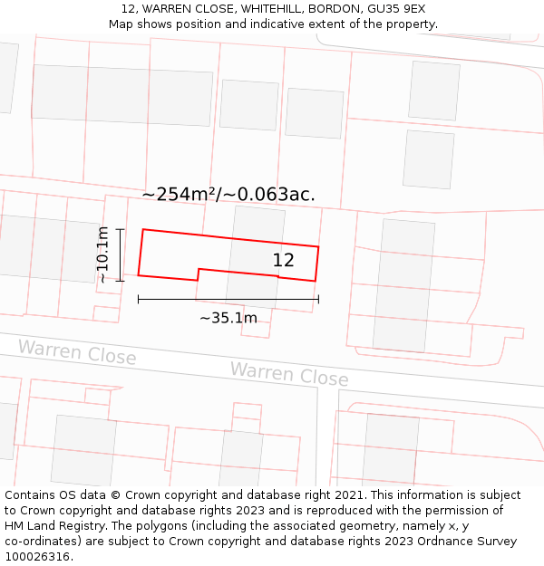 12, WARREN CLOSE, WHITEHILL, BORDON, GU35 9EX: Plot and title map