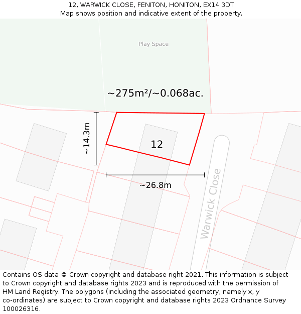 12, WARWICK CLOSE, FENITON, HONITON, EX14 3DT: Plot and title map